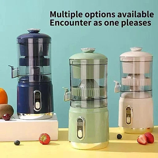 Three juice extractors in blue, green, and white on a yellow surface with fruits around, against a light blue background.