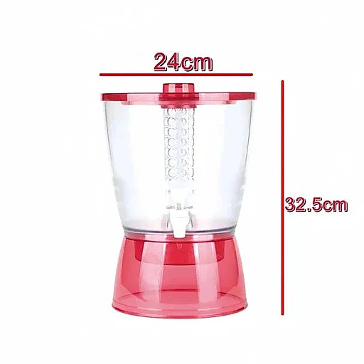Red and clear plastic container with dimensions labeled on a white background