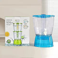 Blue water dispenser with packaging on a light background