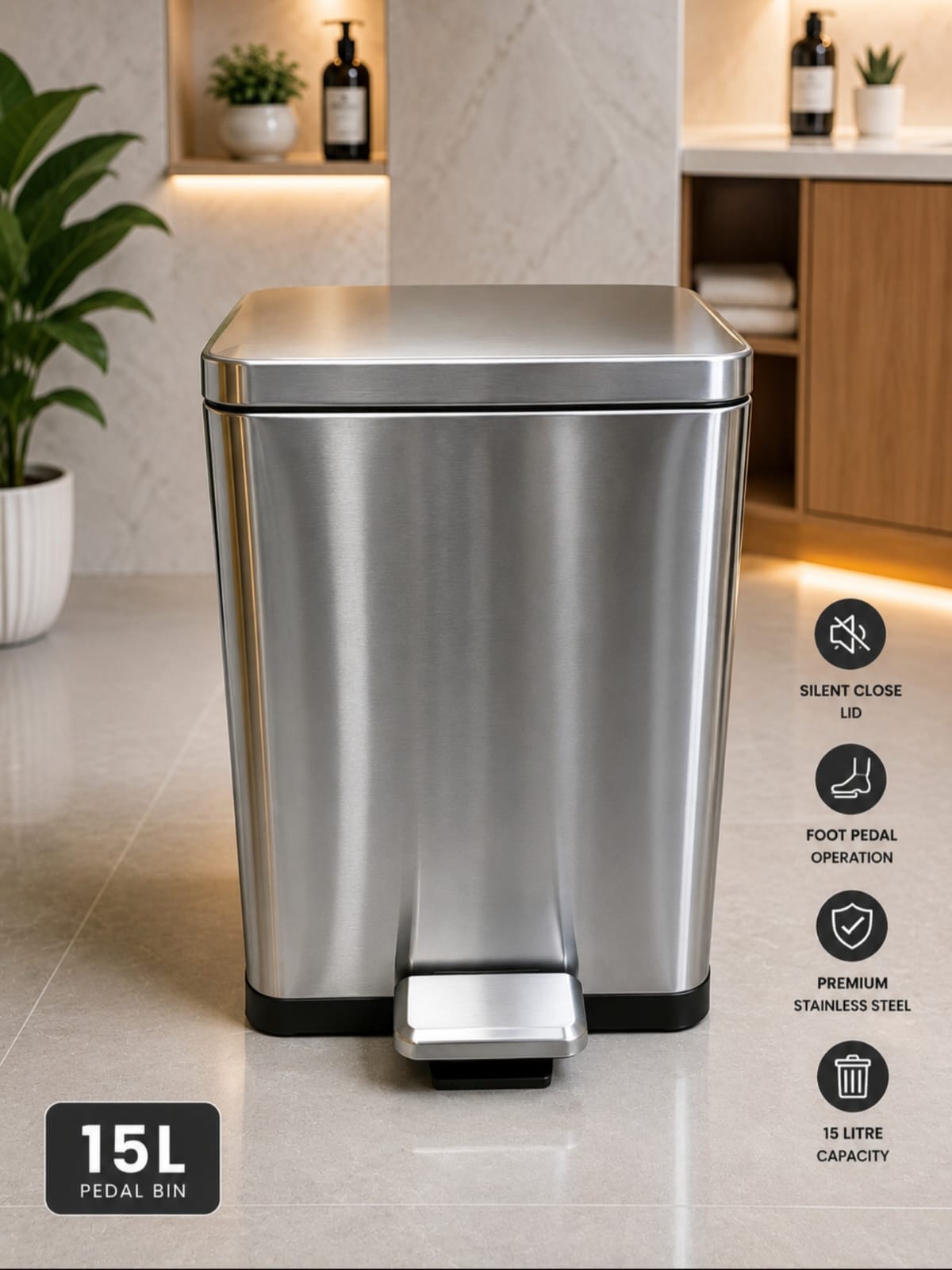 A 15L stainless steel pedal trash bin shown in a modern kitchen setting. The image includes feature callout icons on the right side detailing its silent close lid, foot pedal operation, premium stainless steel build, and 15 litre capacity, and a '15L PEDAL BIN' label in the bottom left corner.
