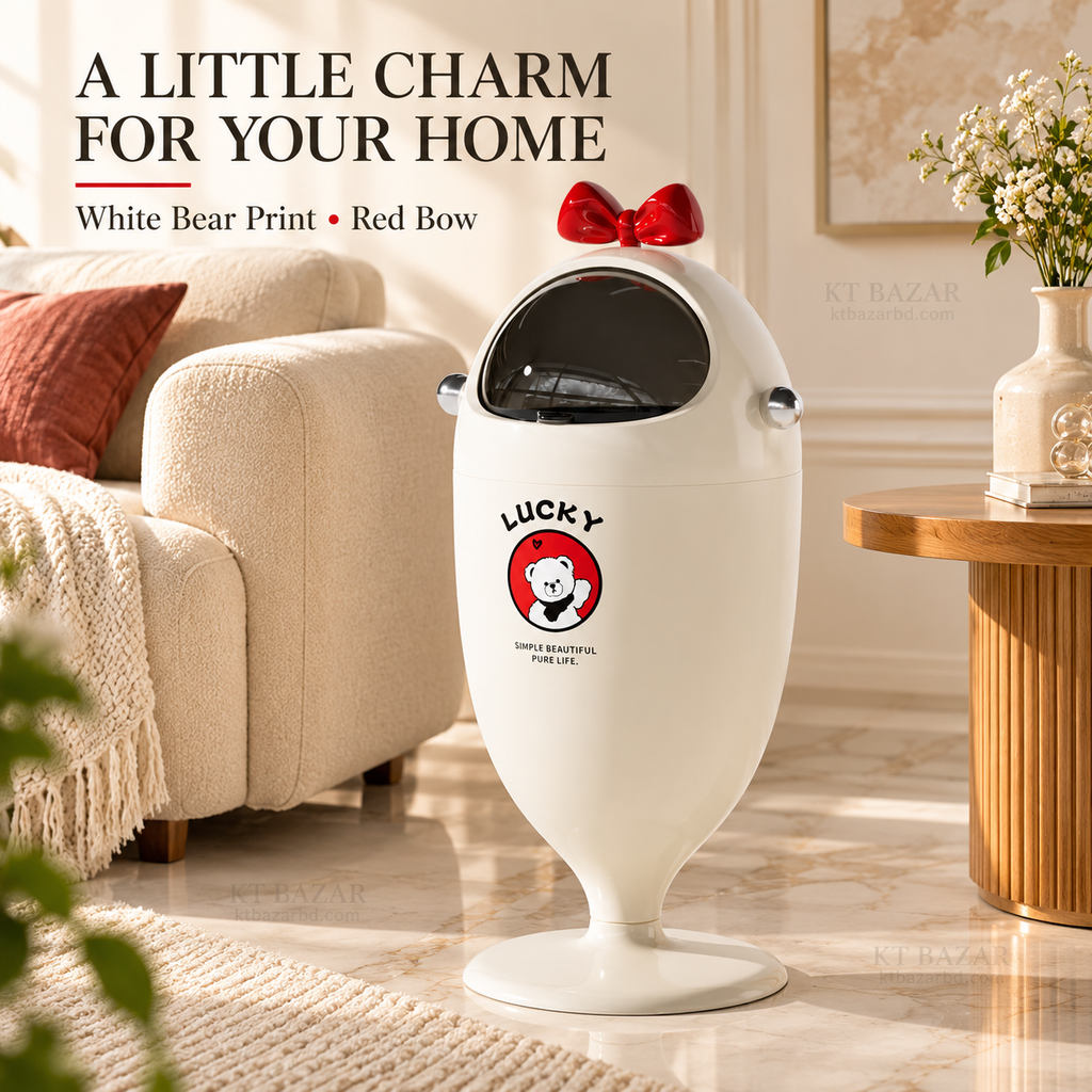 White Bear Print Pedestal Dustbin with Bow Design