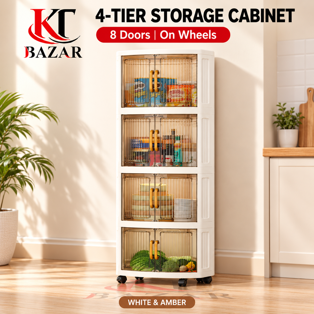 4 Tier Kitchen Storage Cabinet with Wheels & Amber Doors