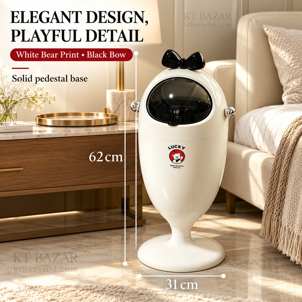 White Bear Print Pedestal Dustbin with Bow Design