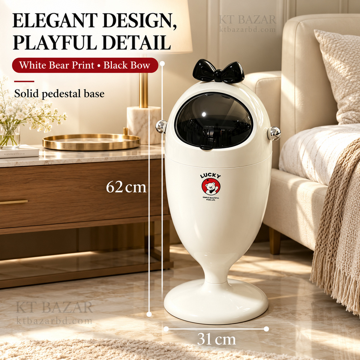 White Bear Print Pedestal Dustbin with Bow Design