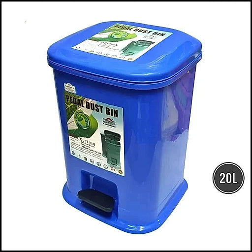 Blue pedal dust bin with a label on a white background