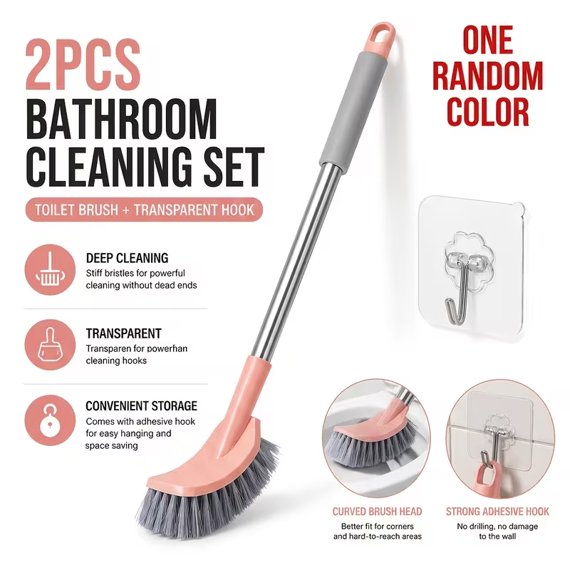 Wall Mounted Toilet Brush & Invisible Hook Set – Drill-Free All-Corner Bathroom Cleaning Brush & Storage Organizer