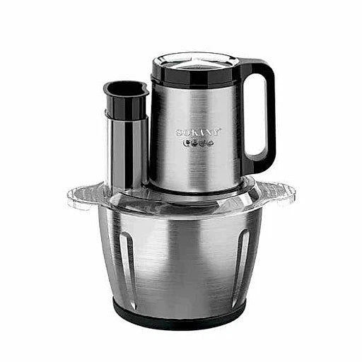 Stainless steel kitchen chopper with black accents on a white background