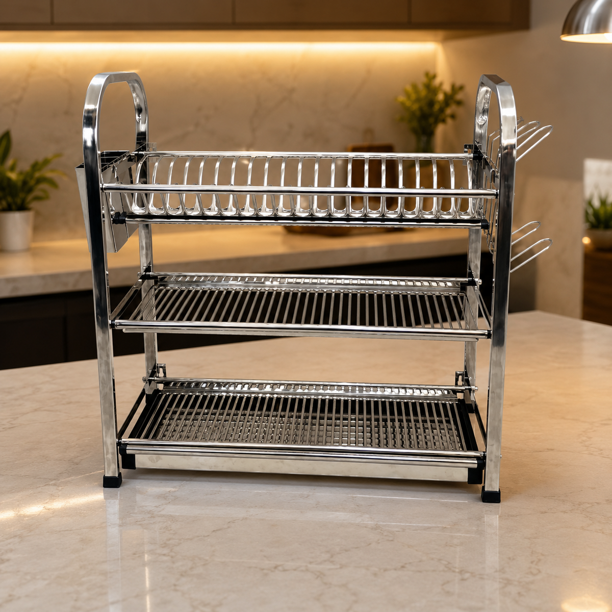 SKB Stainless Steel Dish Drying Rack (3/4 Tier) with knife set