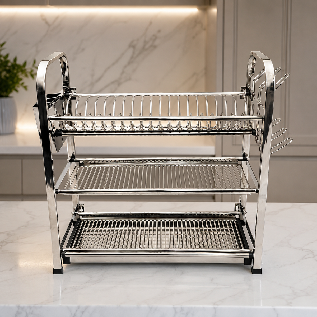 SKB Stainless Steel Dish Drying Rack (3/4 Tier) with knife set