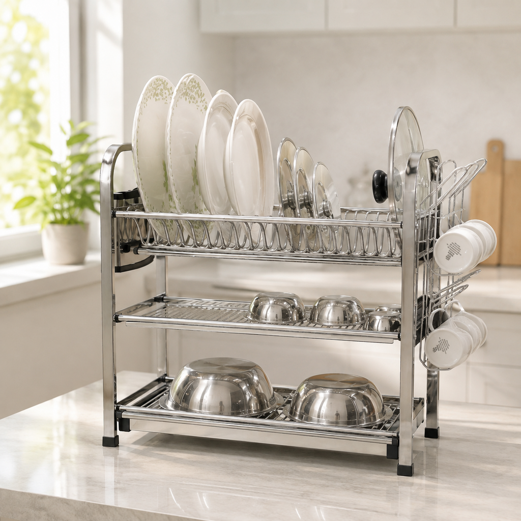 SKB Stainless Steel Dish Drying Rack (3/4 Tier) with knife set