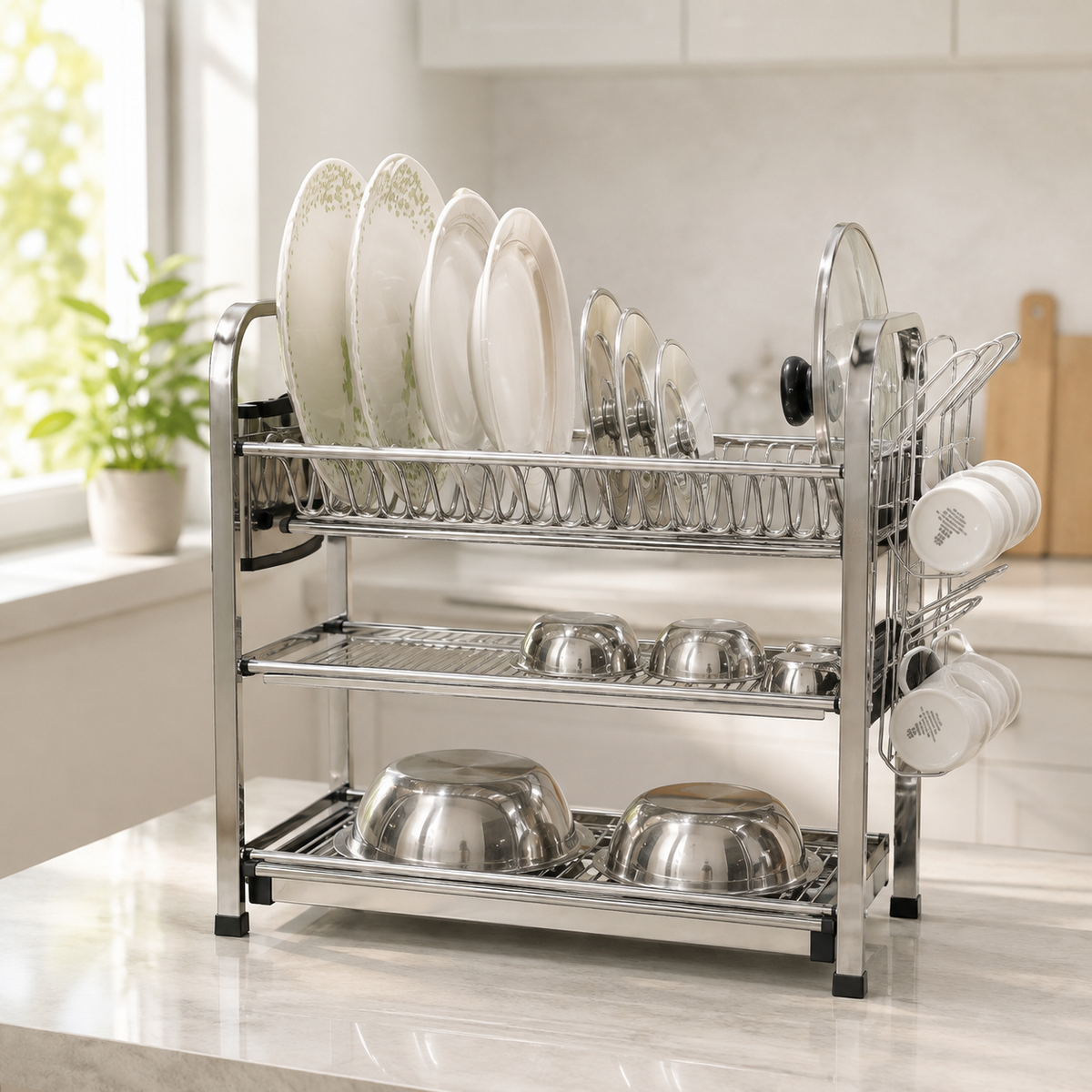 SKB Stainless Steel Dish Drying Rack (3/4 Tier) with knife set
