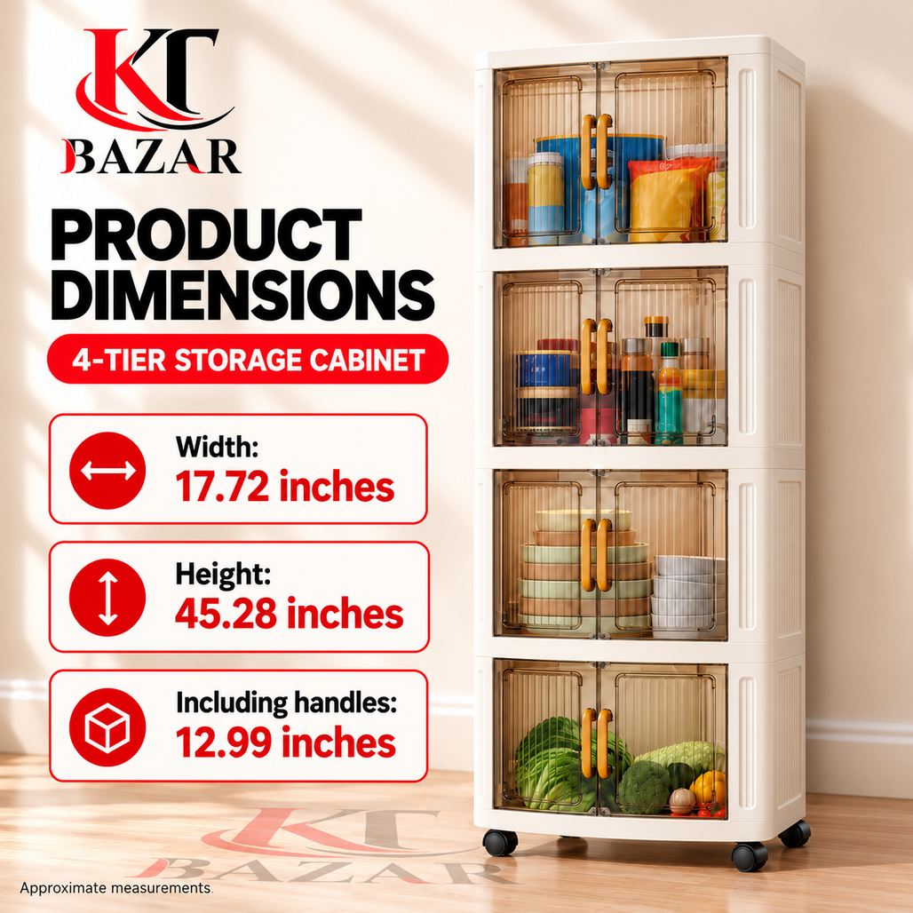 4 Tier Kitchen Storage Cabinet with Wheels & Amber Doors