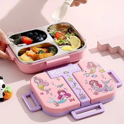 Cute 3-Section Children's Lunch Box + Spoon - Leak-Proof School Lunch Box