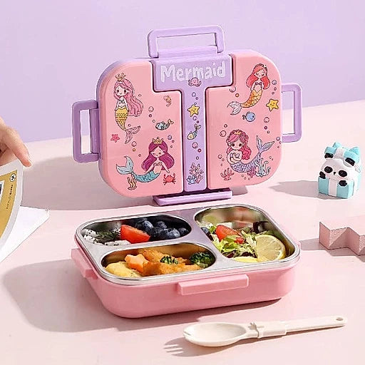 Cute 3-Section Children's Lunch Box + Spoon - Leak-Proof School Lunch Box